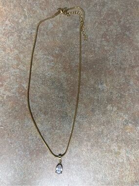 Gold Tone Women's Necklace with Clear Teardrop Pendant